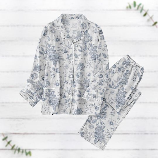 Retro Blue Floral Pajamas Set, Vintage Flowers Women Pajamas, Botanical Loungewear, Soft Garden Flower Sleepwear Shirt, Halloween Gifts