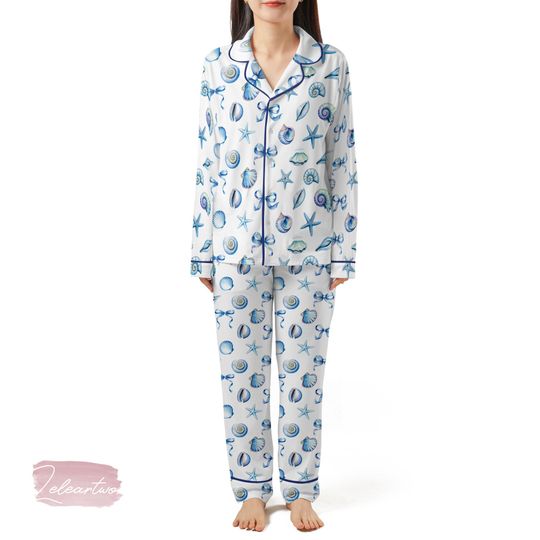Discover Coquette Blue Bow Ocean Satin Pajama Set for Women | Seashell & Starfish Print Sleepwear | Summer Aesthetic Gift