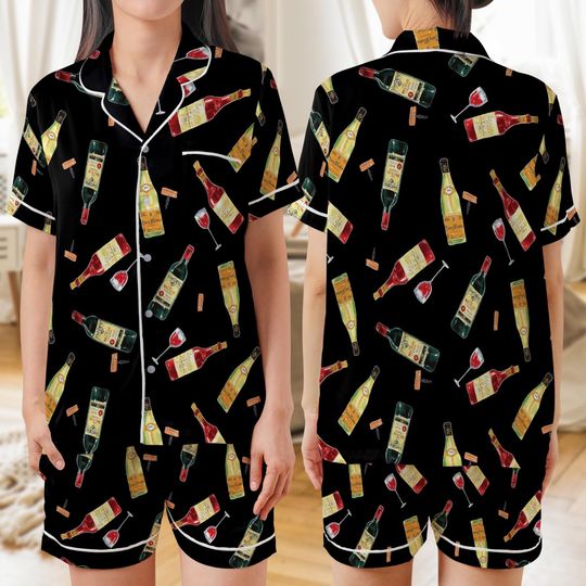 Wine Bottles AOP Satin Short-Sleeve Pajamas Set, Cute Wine Lover Sleepwear, Cozy Loungewear Gift for Women and Wine Enthusiasts