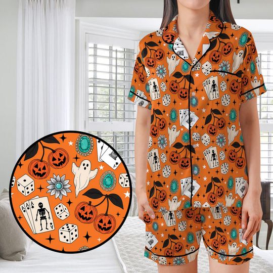 Halloween Satin Pajamas Set, Casino Ghost Pumpkin Print Fall Sleepwear, Spooky Autumn Thanksgiving Loungewear for Women, Cute Cozy Nightwear