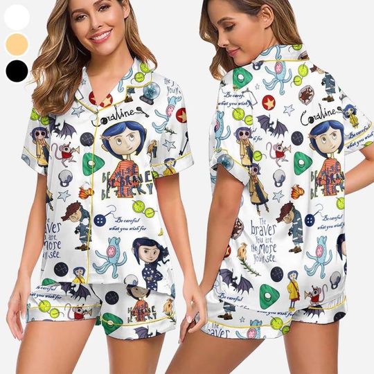 Coraline Stamp Halloween Pajamas Set, Halloween Doll, Horror Doll Cartoon Movie PJS, Scary Cartoon, Cartoon Character PJS, Halloween Gifts