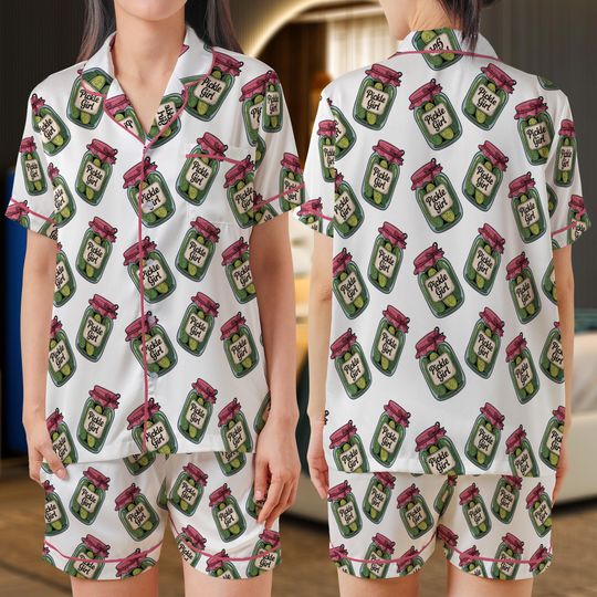 Girly Pickle Girl Satin Pajamas Set, Pickle Lovers Pajamas, Funny Bow Pickle Printed Loungewear, Birthday Gift for Her, Coquette Pickle Set