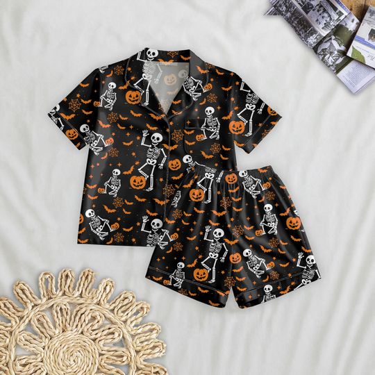 Halloween Slightly Subtle Anti Trump Short Pajamas Set, Halloween Dancing Skeleton Pumpkin  Sleepwear, Anti Trump Pjs, Political Starie Pjs
