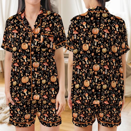 Ghost Pumpkin Autumn Fall Halloween Satin Pajama Set, Cozy Spooky Fall Sleepwear, Cottagecore Mushroom Pajama Set, Matching Girls Nightwear