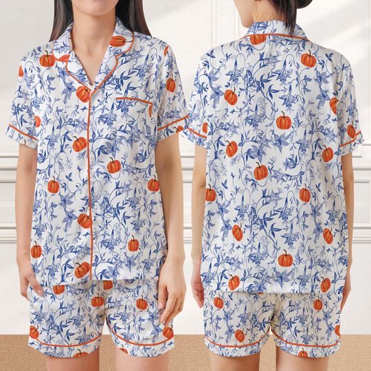 Pumpkin Fall Satin Pajamas, Boo Ghost Sleepwear Gift, Spooky Season Pajamas Set, Cozy Fall Vibes Gift