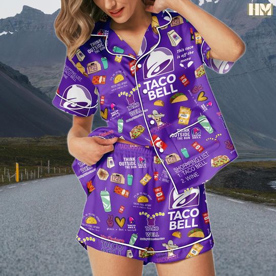 Taco Bell Short Satin Pajamas, Fast Food Inspired Pajama Set, Cute Satin Pajamas For Women, Taco Bell Fan Short Sleeve Pajamas