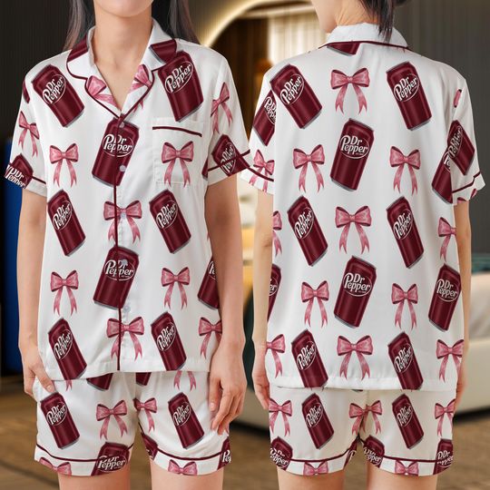 Discover Dr Pepper Satin Pajamas Set, Dr Pepper Soda Lover Pajamas, Lover Drinks Loungewear, Coquette Diet Pepper Sleepwear, Gift for Dr Pepper Lover