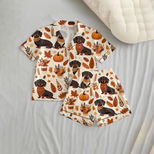 Fall Dachshund Short Sleeve Pajamas Set, Cute Dog Sleepwear, Gift For Pet Lover Gift, Thanksgiving Homewear, Pet Lover Gift, Halloween Gift