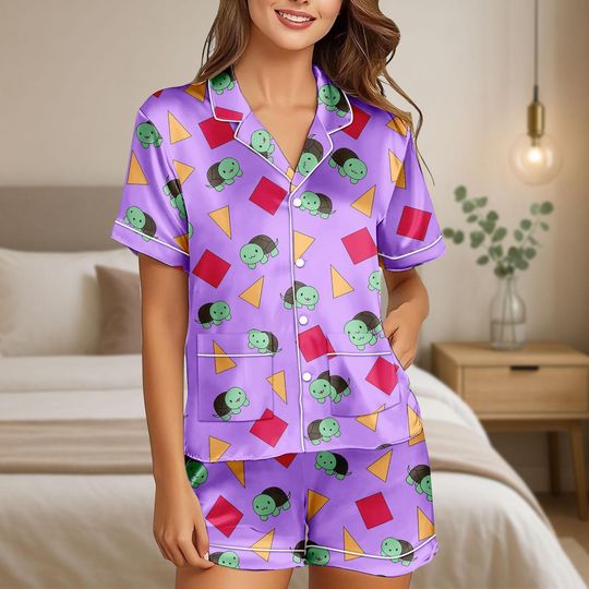 Zoey Satin Shorts Pajamas Set, Kpop Demon Hunters Pjs, Zoey Huntrix Cosplay Sleepwear, Turtle Pattern Beach Silk Pajamas, Gift For Her