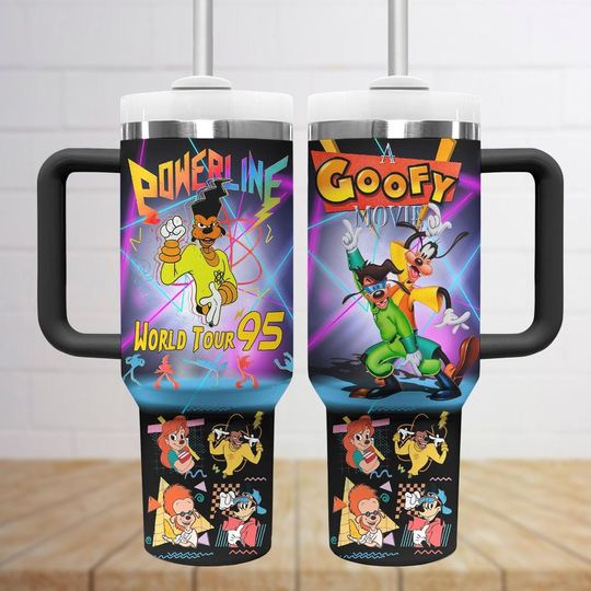 Retro Disney Powerline Tumblers 40 Oz With Handle, Stand Out World Tour 95 Tumbler Cup, Disney A Goofy Movie Powerline Tumbler