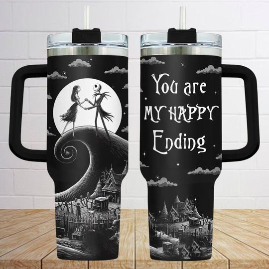 Jack And Sally Tumblers 40 Oz With Handle, Nightmare Before Christmas Cup, Horror Couple Stainless Tumbler, You Are My Happy Ending, Couple Gift