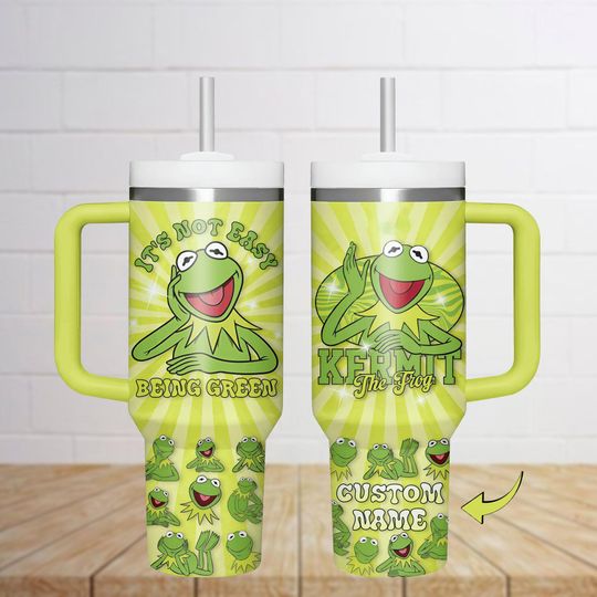 K the frog Tumblers 40 Oz With Handle, Frog Tumbler Cup, Kermit Stainless Steel Tumbler, Gift For Him