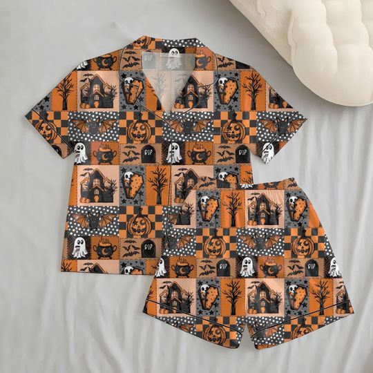 Discover Halloween Haunted House Pajamas Set, Ghost Pumpkin Short Sleeve Pajama Outfit, Spooky Fall Sleepwear For Women