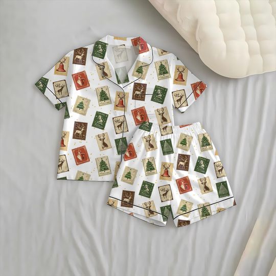 Discover Christmas Jingle Bell Reindeer Tree Stamp Pajamas Set, Vintage Christmas Pattern Sleepwear, Winter Season Sleepwear, Merry Christmas Pjs
