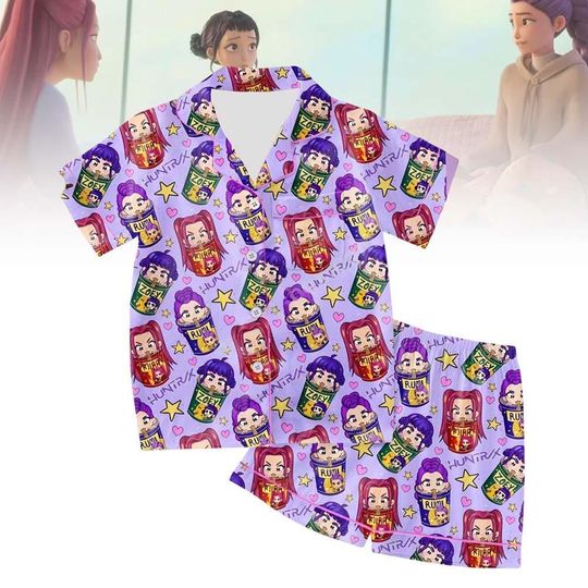 Huntrix Girl Band Pajamas Set, Kpop Demon Hunter Pjs Pants, Mira Rumi Joey Sleepwear, Demon Hunter Merch, Huntrix Fan Gift