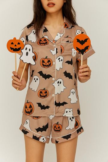 Halloween Pajama Set  Womens Cute Ghost, Pumpkin & Bat Print Sleepwear