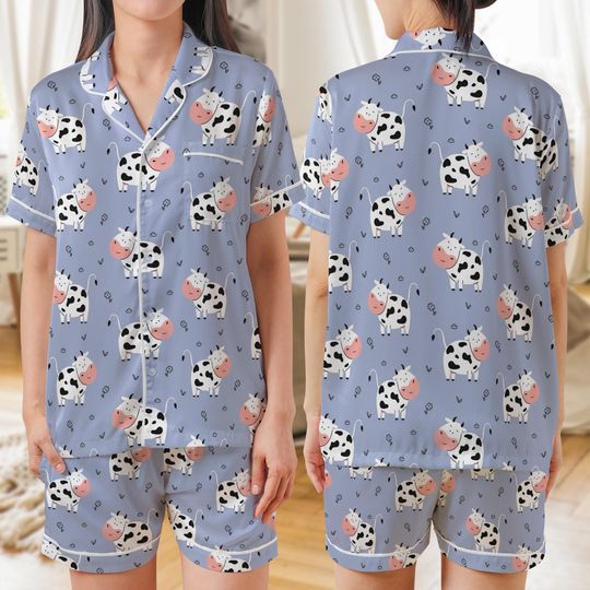 Discover Cute Cow Print AOP Satin Short-Sleeve Pajamas Set, Kawaii Farm Animal Sleepwear for Women, Soft Cow Lover Loungewear Gift