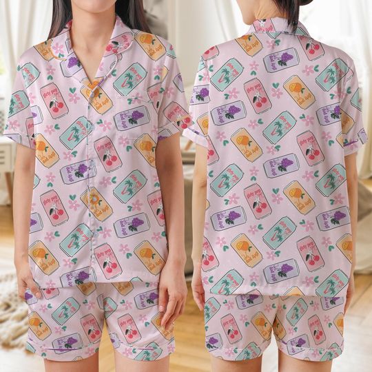 Discover Girly Soda Pop AOP Satin Short-Sleeve Pajamas Set, Cute Drink Print Sleepwear, Fun Summer Loungewear Gift for Girls & Women