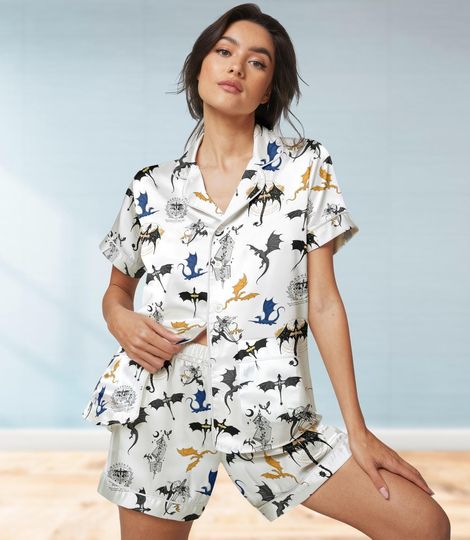 Fourth Wing Short Satin Pajamas, Bookish Club Satin Short Set, Matching Family Pajamas Set, Dragon Pajamas Set, Dragon Love Sleepwear