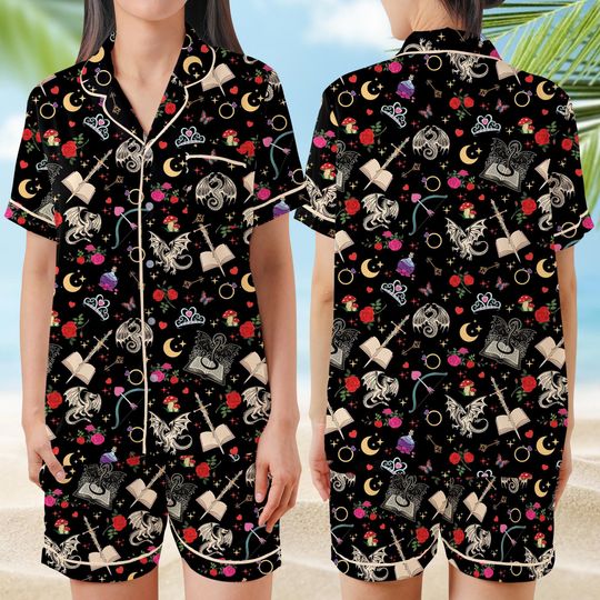 Discover Romantasy Dragon Book Pajamas Set, Fantasy Book Lover Sleepwear, Bookish Girl Short Long Sleeve Pajama Set, Gift For Readers And Dreamers