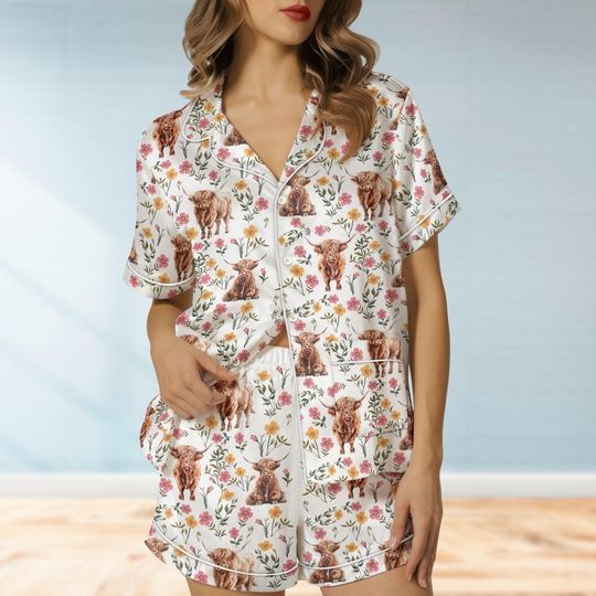 Discover Cow Floral Satin Pajamas Set, Highland Cows Flowers Women Pajamas, Bridesmaids Matching PJs, Animal Farm Pjs Set, Bridal Shower Gifts