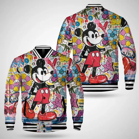 Discover Watercolor Mickey Mouse Flower Baseball Jacket
