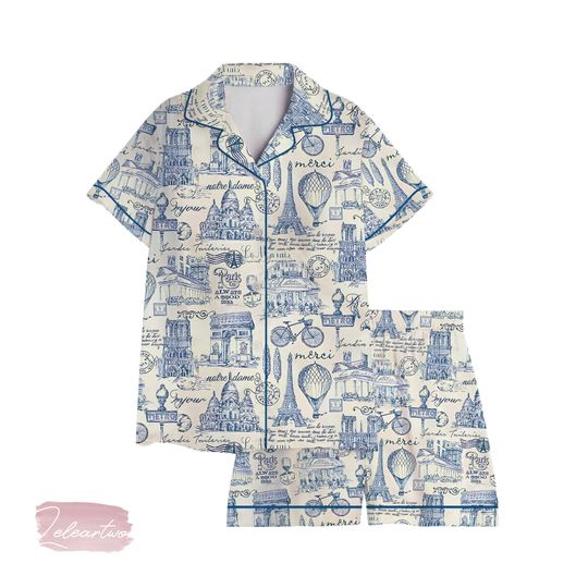 Discover Paris Merci Vintage Set | Silky Satin Pajama Set for Women | French Toile Sleepwear | Blue Paris Print Lounge Set | Gift for Francophiles