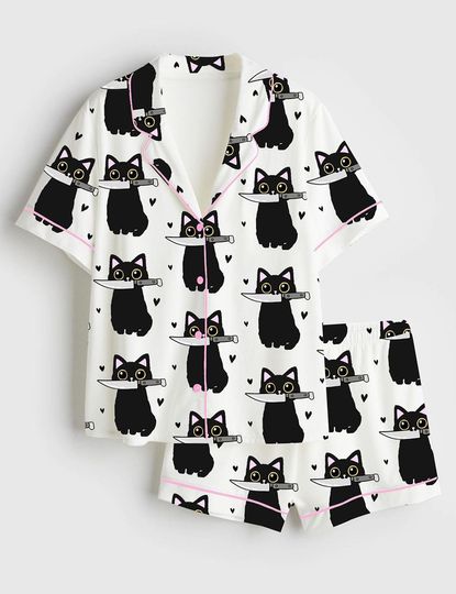Discover Womens Halloween Black Cat With Kniffe Short Sleeve Satin Pajama Set, Funny Cat Halloween Pajama Sleepwear, Kawaii Set for Her