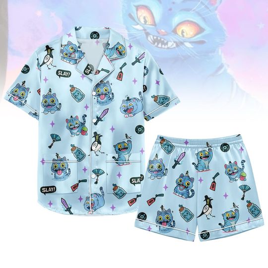 Derpy Tiger Demon Hunters Short Satin Pajamas, Kpop Demon Hunters Pajama, Grinning Demon Tiger And Mystic Bird Pajamas, Kpop Merch Gift