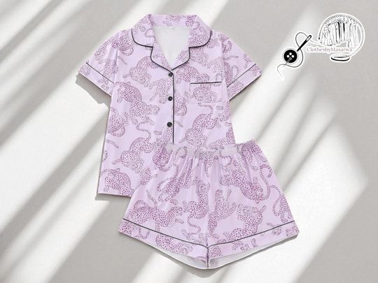Discover Leopard Print Pajama Set | Women's Short Sleeve Top | Button Sleepwear Shorts | Cute Animal Pattern Loungewear | Soft Summer Nightwear