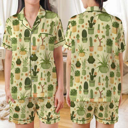 Discover Cactus and Succulent AOP Satin Short-Sleeve Pajamas Set, Cute Plant Lover Sleepwear for Women, Botanical Loungewear Gift
