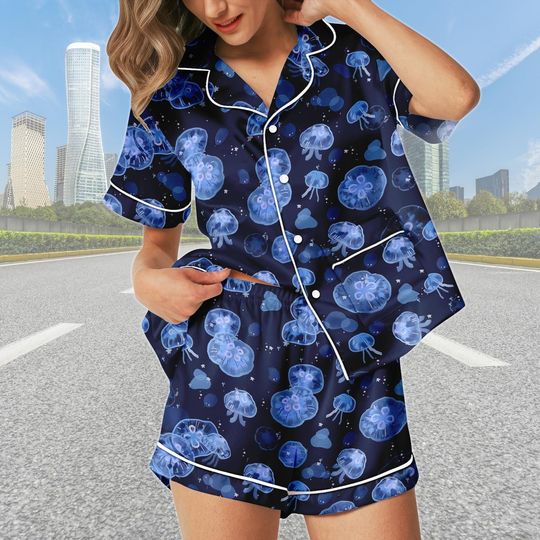Jellyfish Short Satin Pajamas, Ocean Sea Life Short Sleeve Pajamas, Marine Theme Pajama Set For Women, Jellyfish Pajamas For Her