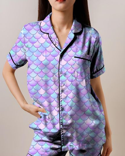 Holographic Mermaid Pajamas Set, AOP Satin Short-Sleeve Sleepwear, Mermaid Loungewear for Women, Girls Gift Idea