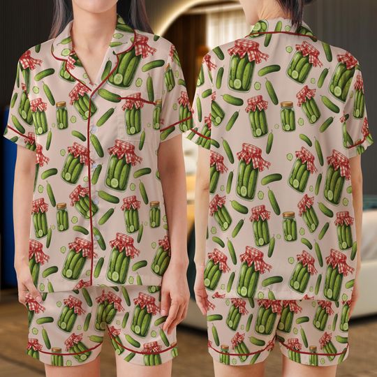 Coquette Pickle Satin Pajamas, Pink Bows Pickle Pajamas Set, Cute Funny Pickle Print PJs, Cozy Fall Pajamas, Gift For Her, Birthday Gift