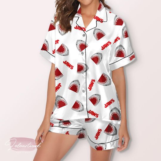 Jaws Cartoon Fanart Pajama | Funny Shark & Boat Print Sleepwear | Lightweight Summer PJs | Movie-Inspired Gift | Ocean Lover