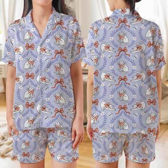 Discover Cat Cute AOP Satin Short-Sleeve Pajamas Set, Funny Cat Lover Sleepwear, Kawaii Animal Print PJ Set, Cute Cat Gift for Her, Soft Loungewear