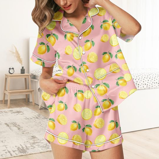 Discover Lemon Short Satin Pajamas, Fruit Print Lemon Pajamas Set Women, Summer Silk Pajamas For Women, Matching Pajama Shorts Women