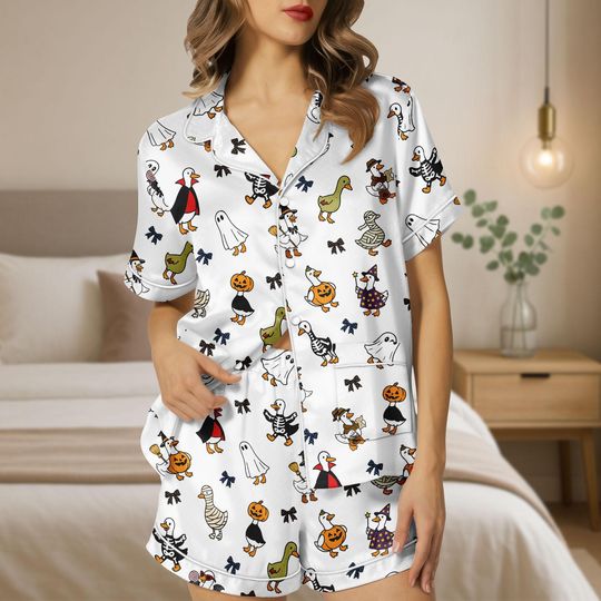 Discover Duck Halloween Satin Pajama Set, Cute Mummy Ghost Pumpkin Pjs, Cozy Satin Sleepwear Shorts for Women, Halloween Gift For Her