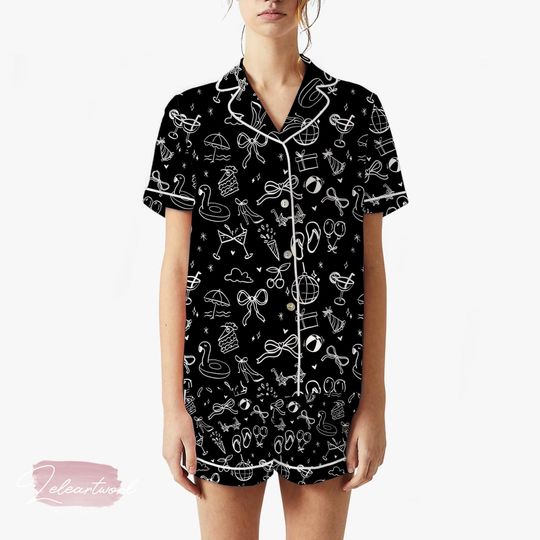 Discover The Summer I Turned Set  Black Summer Icons Pajama Set with Pool Party & Beach Vibes, Cute Relaxed Fit Lounge Outfit