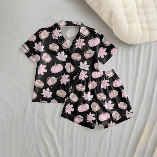 Cute Pumpkin Spice Pajamas Set, Fall Coffee Cup Sleepwear, Cozy Autumn Nightwear, Fall Leaves Pattern Clothing