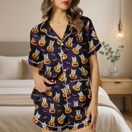 Discover Halloween Corgi Pumpkin Satin Pajamas Set, Cute Dog Print Short Sleeve Sleepwear, Spooky Holiday Gift, Halloween Gift