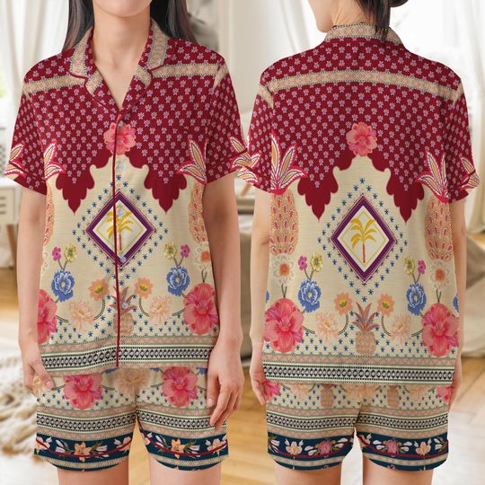 Tropical Flower Satin Pajamas Set, AOP Short Sleeve Womens Summer Sleepwear, Lightweight Floral Loungewear, Cute Gift for Her