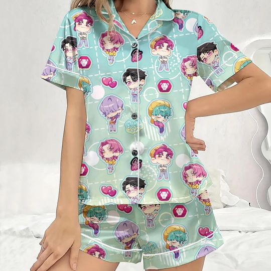 Saja Boys Demon Style K-pop Demon Hunters Satin Pajamas Set, Kpop Saja Boys Soda Pop Pjs, Jinu Baby Saja Romance Mystery Abby PSN1360