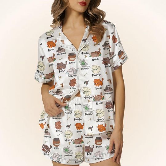 Cute Cat Satin Pajamas Short Set, Wizard Cat Women Pajamas, Cute Pet Sleepwear, Cat Lovers Matching Pajamas, Gift For Potterhead Fans
