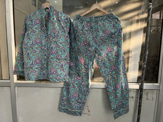 Handmade Cotton Pajama Set: Bohemian Floral Print Nightwear