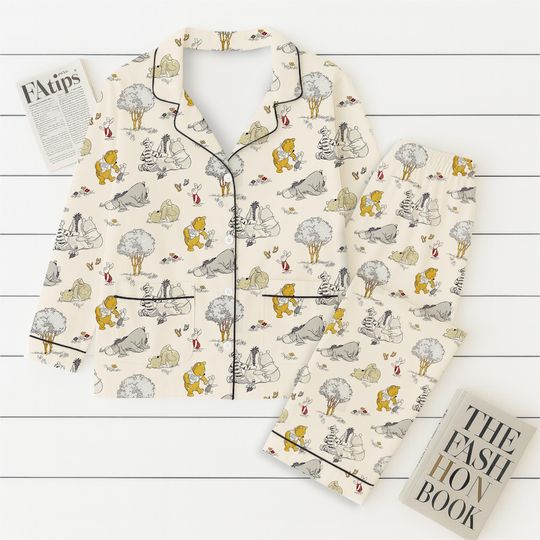 Vintage Cartoon Bear Pajamas Set, Cozy Cream Sleepwear, WDW Characters Shirt, Cute Animal Loungewear, Magic Kingdom Gift