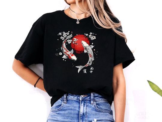 Discover Yin Yang Koi Fish Cherry T-Shirt Japanese Calligraphy