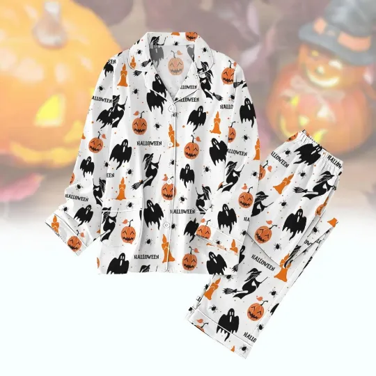 Discover Halloween Pajama Set for Adults, Ghost Pumpkin Witch Sleepwear, Spooky Fall