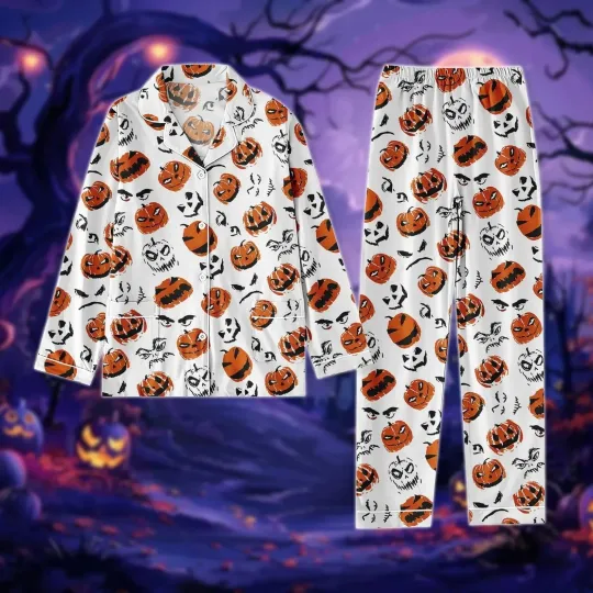 Halloween Scary Pumpkin Thick Pajama Set, Long Sleeve and Pants Sleepwear Set