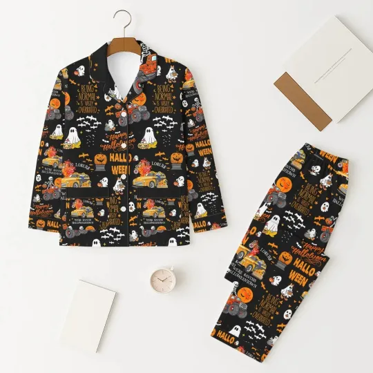 Halloween Pattern Pajamas Set, Ghost Pumpkin Skeleton Pajamas, Long Sleeve Shirt